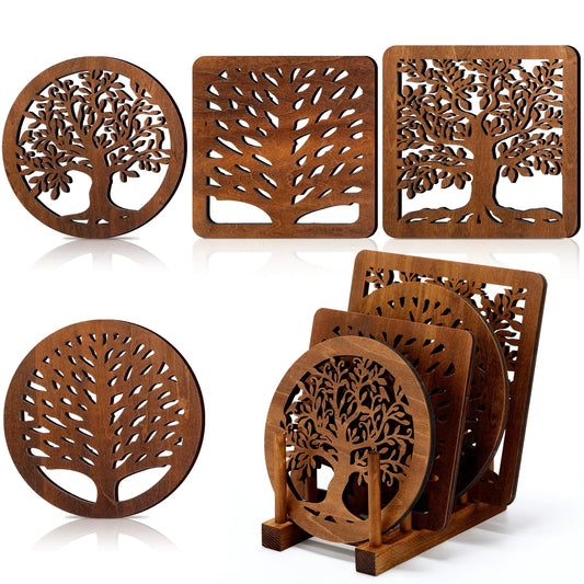 Beeveer 5 Pcs Life Tree Wooden Trivets with Storage Rack Hot Pads Trivets for Hot Dishes Pots and Pans Heat Resistant Trivet Mat Set Tea Pot Holders for Kitchen Dining Table(Dark WoodTwo Size)